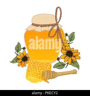 Honey in jar and honeycombs sketches. Natural honey pot, flower and stick vector illustration. Stock Vector