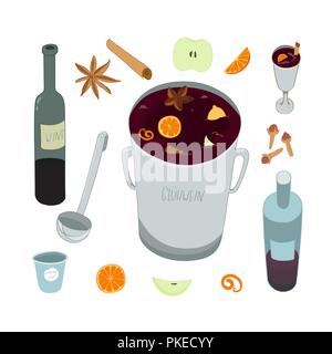 Mulled wine ingredients isolated on white background.Red hot wine in saucepan, ladle, wine bottles, fruits and spices. Glühwein is a german word Stock Vector