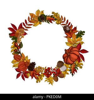 Autumn leaves wreath isolated on white background. Autumnal round frame with red and yellow leaves and forest goodies. Stock Vector