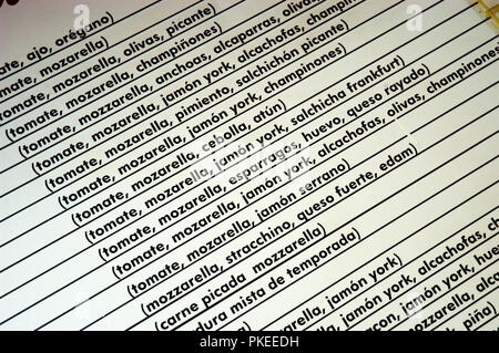 Close Up of list of ingredients to make pizza toppings Stock Photo