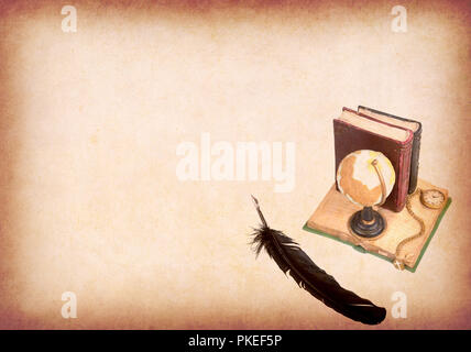 globe with book,pen on Old antique vintage paper background Stock Photo