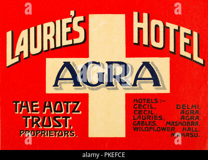 A vintage luggage label for Laurie's Hotel in Agra, India - The Hotz Trust, Proprietors - The equilateral cross and colors have their origins from the Stock Photo