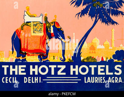A vintage luggage label for the Hotz Hotels - Cecil Hotel in Delhi and Lauries Hotel in Agra, India Stock Photo