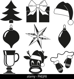 Black and white 9 christmas elements set Stock Vector