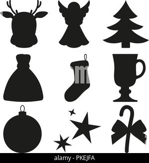 Black and white 9 xmas elements silhouette set. Stock Vector