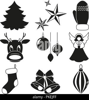 Black and white 9 xmas elements set. Stock Vector
