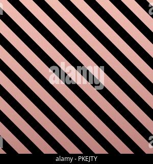 Rose Gold glittering diagonal lines pattern on black background. Stock Vector