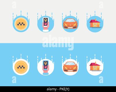 Online Taxi car service icon. Online cab booking. Service for transportation passengers. Mobile phone in hand with geolocation mark. Flat vector illus Stock Vector