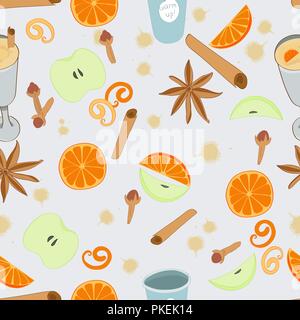 Seasonal drink spiced hot wine ingredients seamless background. Stock Vector