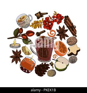 Mulled wine ingredients sketches isolated on white background. Glass of seasonal hot wine drink in circle of spices and fruits. Stock Vector