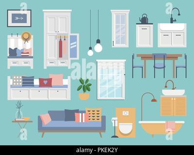 A set of furniture for home. Furniture for the living room, hallway, kitchen and bathroom Stock Vector