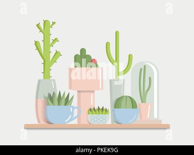 Set cactus in pots. Flat vector illustration. Stock Vector