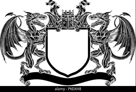 Dragon Emblem Shield Heraldic Crest Coat of Arms  Stock Vector