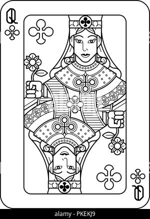 Playing Card Queen of Clubs Black and White Stock Vector