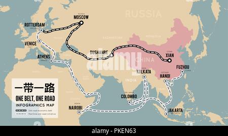 One belt one road. New Chinese trade silk road. Vector map infographics Stock Vector