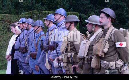World War I reenactors  participate in a ceremony commemorating the 100th anniversary of the 42nd Divison, now an element of the New York Army National Guard, in the Oise-Asine Campaign  at Oise- Aisne American Cemetery in Seringes et Nesles, France on July 28, 2018.  Twenty-five Soldiers from the 42nd Infantry Division were in France from July 24-29 to take part in events commemorating the division's role-- and the role of the U.S. Army-- in World War I. ( U.S. Army National Guard Stock Photo