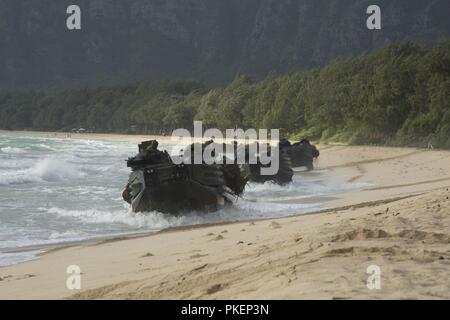 MARINE CORPS TRAINING AREA BELLOWS, Hawaii (July 28, 2018) U.S. Marine Corps AAV-P7/A1 assault amphibious vehicles move into position after landing on the beach during an amphibious assault as part of Rim of the Pacific (RIMPAC) exercise on Marine Corps Training Area Bellows, Hawaii, July 28, 2018. RIMPAC provides high-value training for task organized, highly capable Marine Air-Ground Task Force and enhances the critical crisis response capability of U.S. Marines in the Pacific. Twenty-Five nations, 46 ships, five submarines, about 200 aircraft, and 25,000 personnel are participating in RIMPA Stock Photo