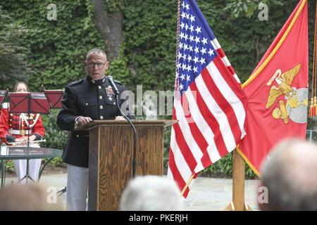 Maj. Gen. Daniel J. Lecce speaks to guests during his promotion ceremony held at Marine Barracks Washington, D.C., July 30, 2018. Lecce was promoted from Col. to Maj. Gen. and appointed as the staff judge advocate to the Commandant of the Marine Corps. Stock Photo
