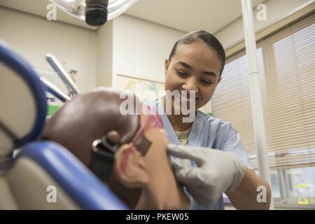 U.S. Air Force Airman 1st Class Amaris Washington, 18th Dental Squadron dental assistant, inspects the mouth of a training dummy Aug. 1, 2018, at Kadena Air Base, Japan. Training dummies are often used to practice the form needed to instruct patients on proper care. Stock Photo