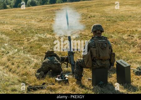 U.S. Marines assigned to Special Purpose MarineAir-Ground Task Force-Crisis Response-Africa are preparing their 60mm mortar on Range 35 , Baumholder Military Training Area, Baumholder, Germany, 24 July, 2018. The unit conducted 4 days of  squad size combined arms live-fire maneuver exercises at Baumholder, Germany  ( U.S.Army Stock Photo