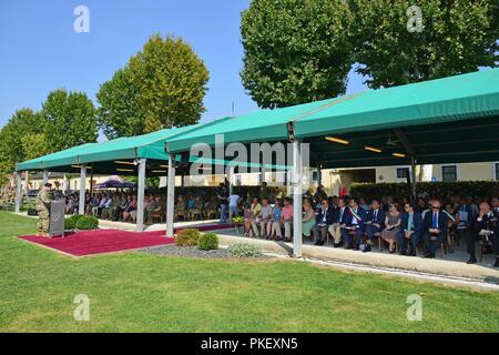 Maj. Gen. Roger L. Cloutier, incoming Commander of U.S. Army Africa, provides remarks Host Nation dignitaries and distinguished guests during the U.S. Army Africa-Southern European Task Force change of command ceremony at Caserma Carlo Ederle in Vicenza, Italy, August 2, 2018. Stock Photo