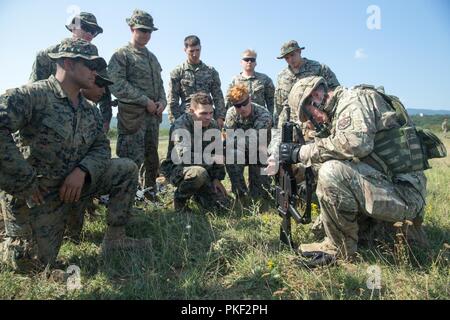 A member of the Montenegrin Armed Forces demonstrates the features of his service weapon to Marines with Black Sea Rotational Force 18.1 during Exercise Platinum Lion 18 at Novo Selo Training Area, Bulgaria, Aug. 1, 2018. Platinum Lion is an annual field training exercise that reinforces relationships in a joint training environment, builds understanding of partner nation tactics, techniques and procedures, and increases interoperability with Allied and partner forces. Stock Photo