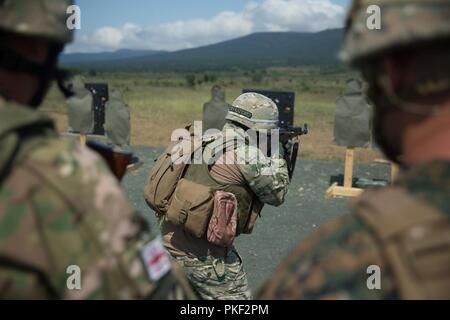 A member of the Georgian Armed Forces executes a Combat Marksmanship Program range during Exercise Platinum Lion 18 at Novo Selo Training Area, Bulgaria, Aug. 1, 2018. Platinum Lion is an annual field training exercise that reinforces relationships in a joint training environment, builds understanding of partner nation tactics, techniques and procedures, and increases interoperability with Allied and partner forces. Stock Photo