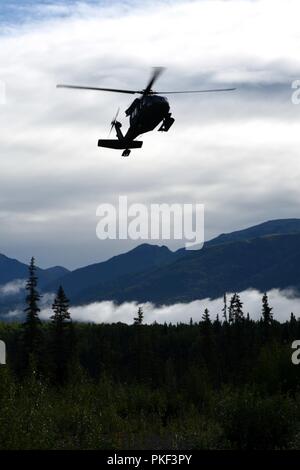 U.S. Army UH-60 Black Hawks transports marines to landing zone 26 during the 4th Marine Division Annual Rifle Squad Competition at Joint Base Elmendorf-Richardson, Anchorage, Alaska, August 3, 2018. Super Squad Competitions were designed to evaluate a 14-man infantry squad throughout an extensive field and live-fire evolution. Stock Photo