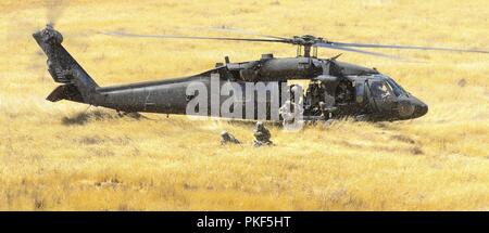 Soldiers with 1st Battalion, 186th Infantry Regiment, 41st Infantry Brigade Combat Team rush out of the UH-60 Black Hawk helicopter to secure the landing zone while conducting air assault training August 3, 2018 during a field training exercise known as eXportable Combat Training Capability (XCTC) at Camp Roberts, Calif. The exercise is an instrumented brigade-level field training exercise designed to certify platoon proficiency across the brigade in coordination with First Army. The XCTC program brings full training resource packages to National Guard and Active Duty Army bases around the cou Stock Photo