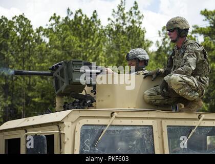U.S. Army Soldiers attending the 31B (Military Police) re-classification course fire the MK19 automatic grenade launcher at McCrady Training Center, Eastover, South Carolina, August 5, 2018.  The course, hosted by the 4th Battalion, 218th Regiment (Leadership), South Carolina National Guard, teaches students the skills required to become a Military Police Soldier. Stock Photo