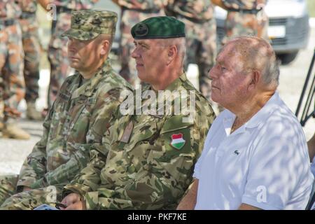 U.S. Ambassador to Hungary David B. Cornstein (right), Hungarian Army Brig. Gen. Zsolt Sándor (center), and U.S. Army Col. Todd R. Wasmund, the Deputy Commanding Officer (Support) for the 1st Infantry Division (left), watch guest speakers during a unit training observation day at the central training area in Várpalota, Hungary, Aug. 3, 2018. Comanche Troop invited Cornstein, mayors from the towns surrounding the training area, Hungarian soldiers and local Hungarian media to view static displays and demonstrations of vehicles, weapons, equipment and capabilities. Stock Photo