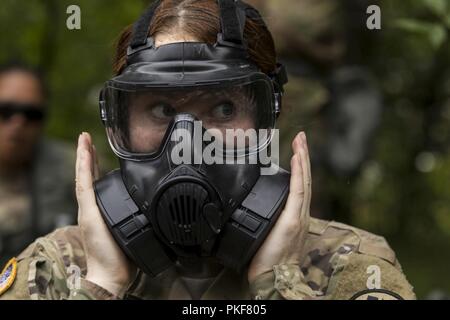 Pfc. Taylor Bussiere, an Army Reserve military police soldier assigned to the 302nd Military Police Company, based out of Grand Prairie, Texas, dons and clears her protective mask during a simulated chemical attack during lethal warrior skills training as part of Operation Blue Shield Aug. 7, 2018, at Fort McCoy, Wisconsin. Operation Blue Shield, is a functional exercise, broken down into 2-week cycles, centered on squad and team-level training with a focus on internment, resettlement, detainee operations and combat support. During each two-week cycle, Solders train on internment operations, w Stock Photo