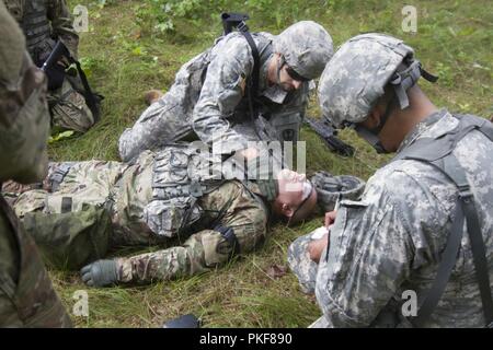 U.S. Army Reserve Soldiers from the 384th Military Police Battalion learn how to evaluate a casualty and perform first aid during Lethal Warrior Training at Fort McCoy, Wisconsin, on Aug. 8, 2018. Stock Photo