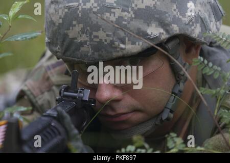 A U.S. Army Reserve Soldier from the 384th Military Police Battalion lies in the prone firing position to properly provide security during Lethal Warrior Training at Fort McCoy, Wisconsin, on Aug. 8, 2018. Stock Photo