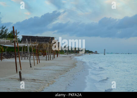 Palapas on a sandy beach of Gulf of Mexico Stock Photo