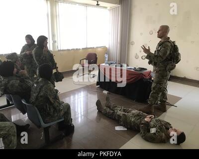 BERAKAS GARRISON, Brunei—Capt. Sean Harper, battalion physician assistant, 1st Battalion, 151st Infantry Regiment, Indiana Army National Guard, teaches Tactical Combat Casualty Care to medics assigned to the 1st Battalion, Royal Brunei Land Forces, during Exercise Pahlawan Warrior at Berakas Garrison, Brunei, 10 Aug. 2018. This is the first army-to-army exercise between the RBLF and U.S. Army. RBLF soldiers led training for U.S. Soldiers during Jungle Warfare Operations, and U.S. Soldiers took the lead training RBLF soldiers on military operations in urban terrain tactics. Both armies shared b Stock Photo