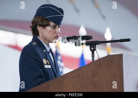 U.S. Air Force Lt. Gen. Gina Grosso, Headquarters U.S. Air Force deputy chief of staff for manpower, personnel and service, speaks during the Air Force Personnel Center change of command ceremony August 9, 2018, at Joint Base San Antonio-Randolph, Texas. Maj. Gen. Brian Kelly formally relinquished command to Maj. Gen. Andrew Toth after several years of dedicated service. Stock Photo