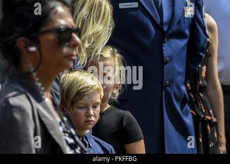 Family members, friends and fellow Airmen attend a full honors funeral service for Chief Master Sgt. Charles Palmer who was laid to rest at Arlington National Cemetery, Va., July 27, 2018. Palmer, age 80, passed away at home with his family by his side Dec. 21, 2017. More than 100 family members, friends and SAM Fox Airmen attended the internment to pay their respects. Palmer served in the Air Force for 31 years. He spent 13 of those years serving as a flight attendant on board Air Force One and eleven years as Chief Flight Steward until his retirement in 1986. Palmer served Presidents Richard Stock Photo