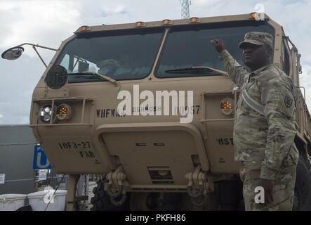 U.S. Army Jude Kpollie, 149th Seaport Operations Company, 10th Transportation Battalion, 7th Transportation Brigade, directs vehicle traffic during Exercise Dragon Lifeline July 31, 2018, at the Federal Law Enforcement Training Center in Charleston, S.C. The 841st Transportation Battalion hosted the exercise, facilitating training for Soldiers assigned to Fort Bragg, N.C., and Fort Eustis, Va. The exercise was designed to train participants in the planning and processes of rail, convoy, port and vessel operations. Stock Photo