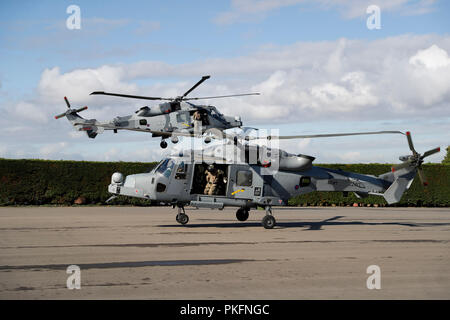 The Duke of Sussex (not seen) arrives in an AH1 wildcat helicopter with the 847 naval air squadron during a visit to the Royal Marines Commando Training Centre in Lympstone, Devon. Stock Photo