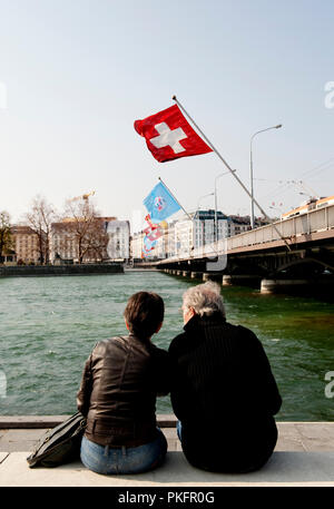 The Quai du Général Guisan along the Rhône river in Geneva (Switzerland, 16/04/2010) Stock Photo