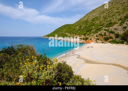 Gjipe Beach, between Dhërmi and Himara, Himarë, Albanian Riviera, Ionian Sea, Qark Vlorë, Albania Stock Photo