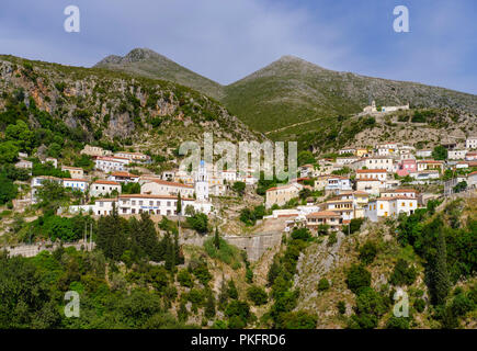 Mountain village Dhërmi-Fshat, near Himara, Himarë, Qark Vlora, Albania Stock Photo