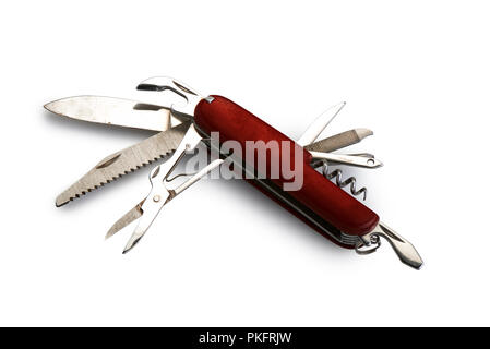 Well used and aged swiss multifunction knife isolated on white with clipping path - real shadow Stock Photo