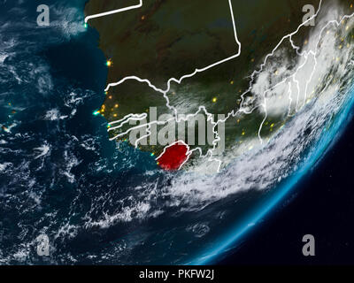 Sierra Leone from space on planet Earth at night with visible country borders. 3D illustration. Elements of this image furnished by NASA. Stock Photo