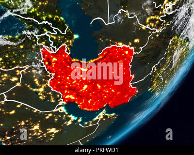 Iran from space on planet Earth at night with visible country borders. 3D illustration. Elements of this image furnished by NASA. Stock Photo