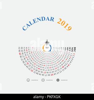 2019 Calendar Template with idea light bulb icon.Semicircle calendar.Calendar 2019 Set of 12 Months.Yearly calendar vector design stationery template. Stock Vector