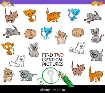 Cartoon Illustration of Finding Two Identical Pictures Educational Game for Kids with Kitten Characters Stock Vector