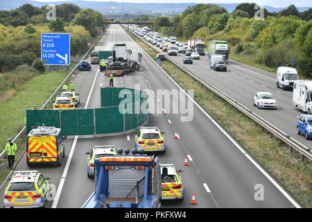 Emergency services at the scene of an accident on the M5 motorway