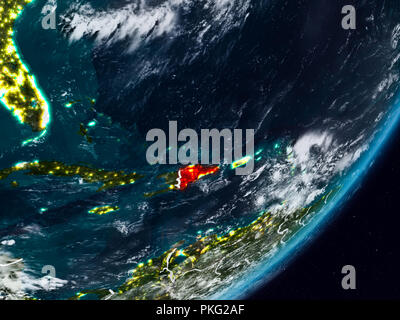 Dominican Republic from space on planet Earth at night with visible country borders. 3D illustration. Elements of this image furnished by NASA. Stock Photo